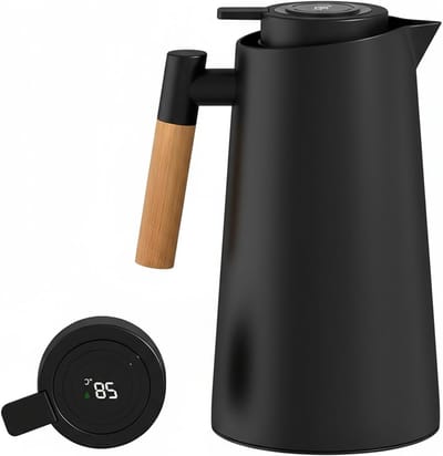 Thermoskan met Temperatuurweergave, 1 Liter, Goed Afgesloten Koffiepot en Theepot met Houten Handvat voor Water, Koffie en Thee (Rood)
