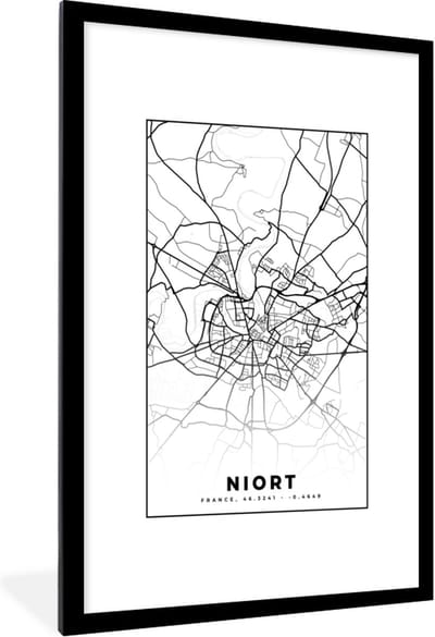 Fotolijst incl. Poster Zwart Wit- Niort - Stadskaart - Plattegrond - Kaart - Frankrijk - Zwart wit - 80x120 cm - Posterlijst