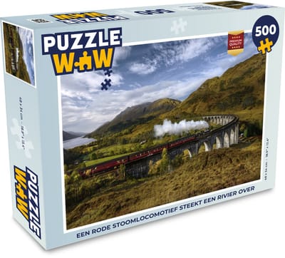 Puzzel Een rode stoomlocomotief steekt een rivier over - Legpuzzel - Puzzel 500 stukjes