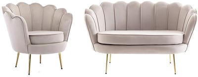Vente-unique Zitbank 2 personen en fauteuil in schelpvorm in taupe fluweel DANDELION