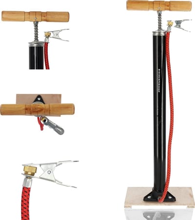 Fietspomp Staand met Houten Voet – 6 Bar – Geschikt voor Alle Ventielen (Dunlop, Presta, Schrader) – Stevig en Gebruiksvriendelijk