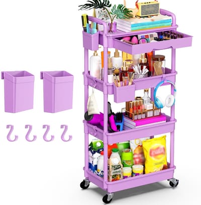 4-laags opbergwagen met lade, gereedschapskar met kunststof plank en afsluitbare wielen, multifunctionele opbergwagen voor keuken, badkamer, kantoor, woonkamer, paars