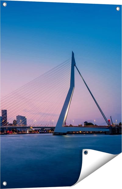 Gards Tuinposter Erasmusbrug in Rotterdam met Zonsondergang - 60x80 cm - Tuindoek - Tuindecoratie - Wanddecoratie buiten - Tuinschilderij