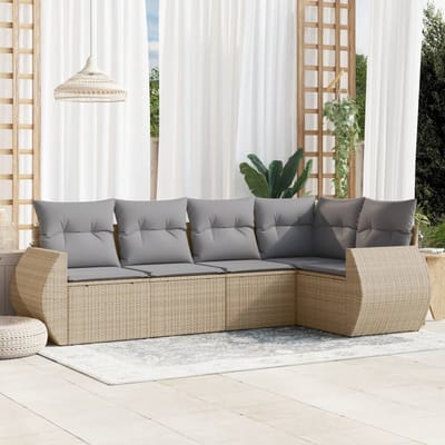 vidaXL - 5-delige - Loungeset - met - kussens - poly - rattan - beige