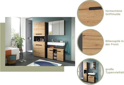 Moderne hoge kast voor badkamer - Houtlook en zwart interieur - FSC-gecertificeerd - 38x193x34cm