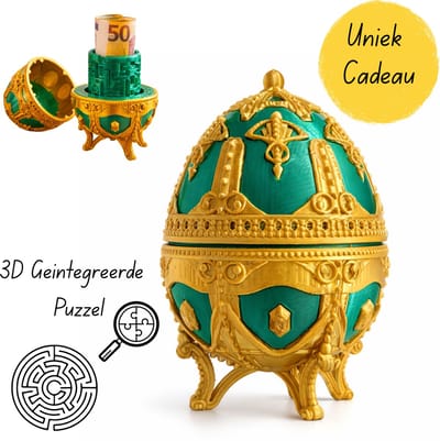 3D Puzzel Ei in Fabergé Stijl – Geheim Compartiment – Opbergdoos voor Sieraden en Geld – Decoratief Breinbreker Cadeau – 12 cm – Goud/Groen