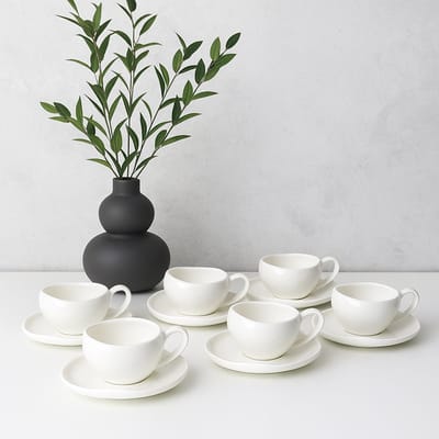 Mevaz Porseleinen Espresso Set – 120 ml – Wit – Moderne Koffiekopjes met Schotels – Set van 6