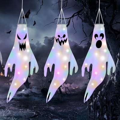 SnelShoppen - Halloween Windsocks 3 Stuks met LED Verlichte Spookjes, Halloween Decoratie, Vliegende Spookvlaggen voor Binnen Buiten Tuin Feest en Hau