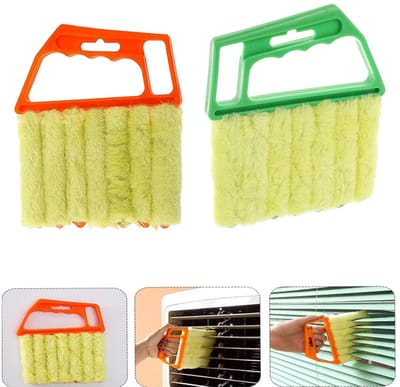2-stuks Lamellenreiniger - Jaloezie schoonmaakborstel - Wasbare mini-handborstel - Handstofveger - Ergonomische handgreep - Kunststof - 13,5×16×1,2 cm - Geschikt voor jaloezieën, airco roosters en ventilatieroosters - Oranje,Groente