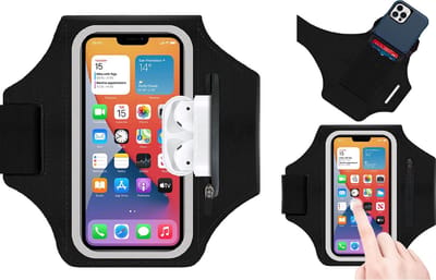 Sportarmband hoes Geschikt voor iPhone 11/ 11 Pro - iPhone 12/ 12 Pro/ 16/ 16 Plus/ 16 Pro/ 16e - iPhone 13/ 13 Pro - iPhone 14/ 14 Pro - iphone 15/ 15 Pro sport armband - hardloop telefoonhouder - ruimte voor pasjes/ airpodcase/ sleutel -zwart