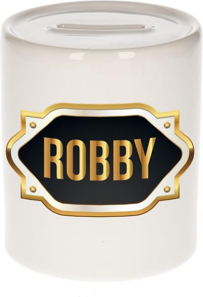 Spaarpot met voornaam Robby - wit - met goud/zwart embleem - 8 x 9 cm - keramiek - met afsluitdop - cadeau verjaardag
