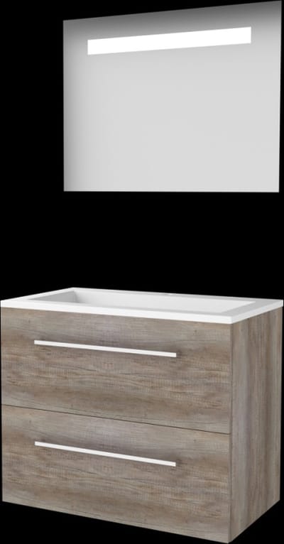 Basic-Line Economic 46 Badkamermeubelset - 80 x 46 cm - Met Grepen - 2 Lades - Acryl Wastafel - 1 Kraangat - Spiegel met LED Verlichting - Scotch Oak