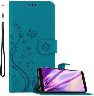 Cadorabo Hoesje geschikt voor Huawei P SMART 2018 / Enjoy 7S in BLOEMEN BLAUW - Beschermhoes in bloemmotief met magnetische sluiting, standfunctie en kaartsleuven Book Case Cover Etui