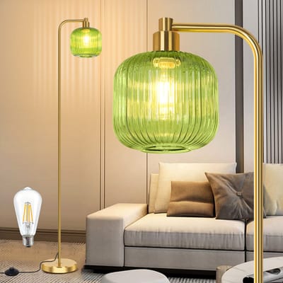 Rosnek Moderne Staande Lamp – Groene Geribbelde Glazen Kap - 170 cm Hoge Vloerlamp met Voetschakelaar & Incl - Gratis LED - Stijlvol Design voor Woonkamer, Slaapkamer of Kantoor