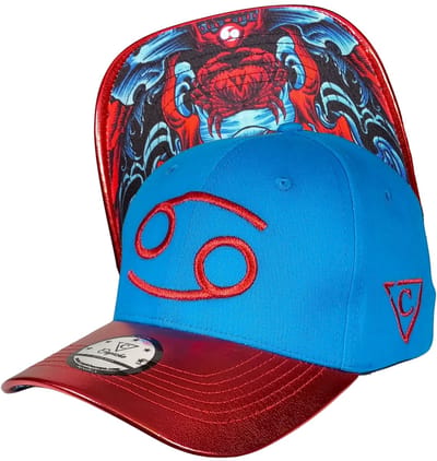 Capiche® Gebogen Pet – Sterrenbeeld Krab – Blauw & Rood Metallic – Verstelbaar met Druksluiting – Pet Mannen – Curved Pet – Zodiac Horoscoop Pet – Cancer