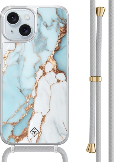 Casimoda® hoesje met grijs koord - Geschikt voor iPhone 15 - Marmer Lichtblauw - Afneembaar koord - TPU/acryl - Blauw