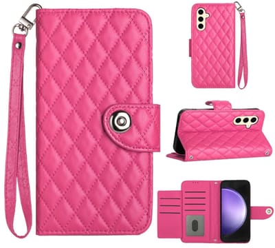 Voor Samsung Galaxy S24+ 5G ruitvormige textuur flip lederen telefoonhoes met polskoord (roze rood)