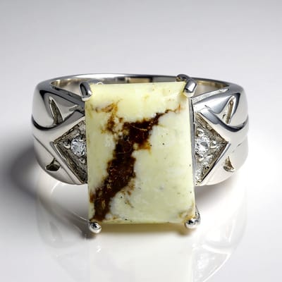 Cavill - Zilveren Ring - 925 Sterling Zilver - Magnesiet Baguette Cabochon 6,16 ct & Witte Topaas 0,08 ct - Elegante Natuursteen Sieraad Maat 17