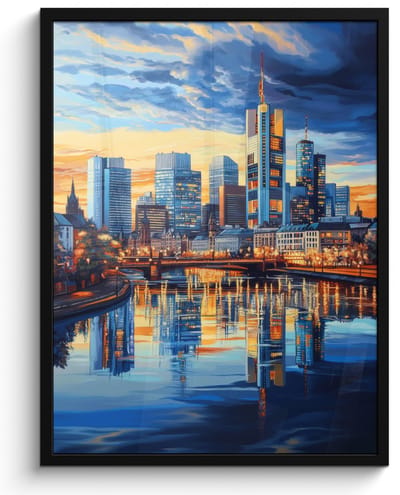 Poster in lijst - Fotolijst 50x70 cm - Posters - Zonsondergang Frankfurt - Stad - Skyline - Water - Posterlijst zwart - Decoratie - Wanddecoratie woonkamer - Muurdecoratie slaapkamer