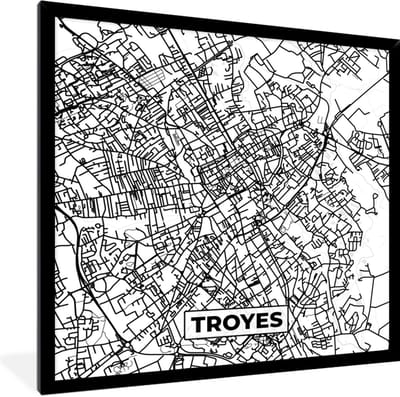 Fotolijst incl. Poster Zwart Wit- Stadskaart - Frankrijk - Kaart - Troyes - Plattegrond - Zwart wit - 40x40 cm - Posterlijst