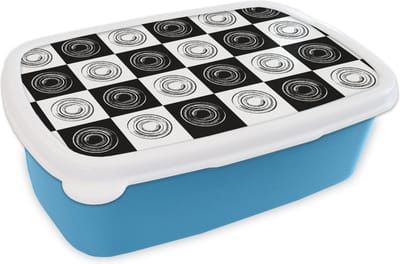 Broodtrommel Blauw - Lunchbox Patronen - Schaakbord - Zwart Wit - Brooddoos 18x12x6 cm - Brood lunch box - Broodtrommels voor kinderen en volwassenen