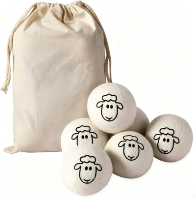 Set van 6 Wollen Drogerballen - XXL Diameter 8 cm - 100% Natuurlijke Schapenwol - Met Schaapjes Print - Inclusief Katoenen Opbergzak - Duurzame Wasverzachter