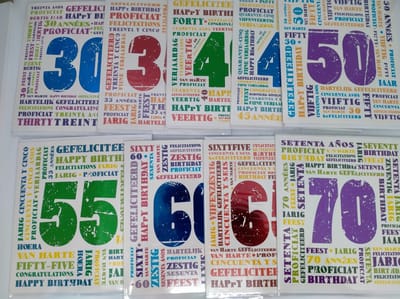9 luxe wenskaarten 30,35,40,45,50,55,60,65 en 70 Jaar