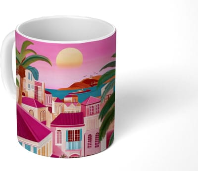 Mok - Koffiemok - Stad - Roze - Palmbomen - Mokken - 350 ML - Beker - Koffiemokken - Theemok
