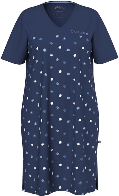 Ulla Popken - Dames - Bigshirts bloemen borduursel V-hals korte mouw - Nachtblauw - Maat 42+