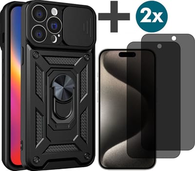 Hoesje met Privacy screenprotectors 2 stuks Geschikt voor iPhone 15 Pro met Ringhouder en Camera schuifje - Arara backcover - Zwart