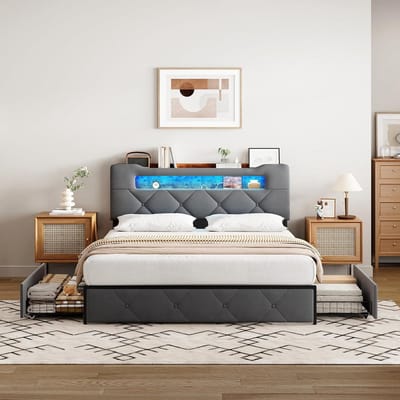 Tweepersoons Bed Frame 140x190 cm met Lattenbodem, Gestoffeerd Met 4 Opberglades en LED Verlichting