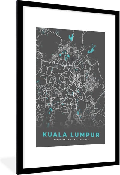 Fotolijst incl. Poster - Kuala Lumpur - Stadskaart - Plattegrond - Kaart - Blauw - 60x90 cm - Posterlijst