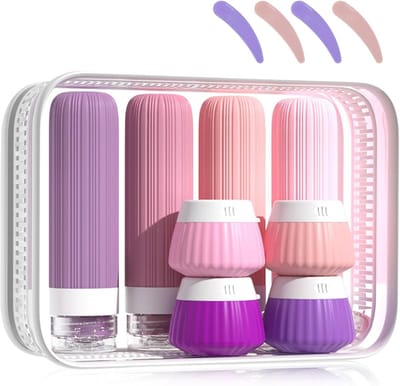 Famanu – Reisflessen van siliconen - reisflessen voor toiletartikelen met transparante tas met etiket voor cosmetica - shampoo - lotion crème (roze)