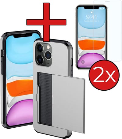 Hoesje Geschikt voor iPhone 11 Pro Hoesje Met Pasjeshouder Hard Case Met Kaarthouder Met 2x Screenprotector - Hoes Geschikt voor iPhone 11 Pro Hoesje Pashouder Case - Grijs