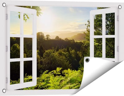 Gards Tuinposter Doorkijk Zonsondergang vanuit een Bos - 60x40 cm - Tuindoek - Tuindecoratie - Wanddecoratie buiten - Tuinschilderij