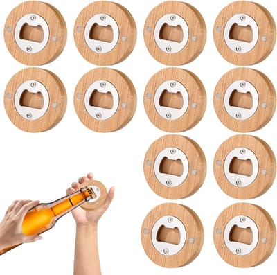 Houten Flessenopener Set van 12 Stuks: RVS en Bamboe Flessenopeners, Gepersonaliseerd Cadeau voor Mannen, Perfect voor Feestjes en Barbecues