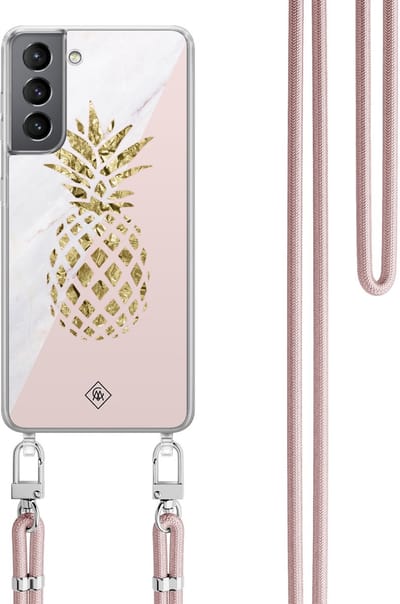 Casimoda® hoesje met rosegoud koord - Geschikt voor Samsung S21 Plus - Ananas - Afneembaar koord - TPU/polycarbonaat - Roze