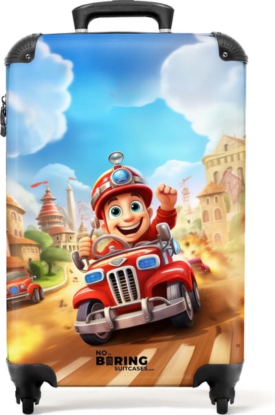 NoBoringSuitcases.com - Brandweer kinderkoffer - Past binnen 55x40x20 cm en 55x35x25 cm - Harde handbagage suitcase small - Travel trolley op wieltjes kids - Reiskoffer met wielen TSA slot - Rolkoffer kind - Kindertrolley jongen - Koffer kinderen