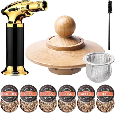Complete Cocktail Rookset met Lichter, 6 Smaken Houten Chips en Reinigingsgereedschap voor Whisky en Old Fashioned Drankjes, Perfect Cadeau voor Vader en Echtgenoot