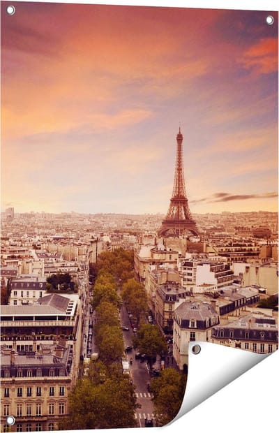 Gards Tuinposter Skyline Parijs met Eiffeltoren - 60x80 cm - Tuindoek - Tuindecoratie - Wanddecoratie buiten - Tuinschilderij