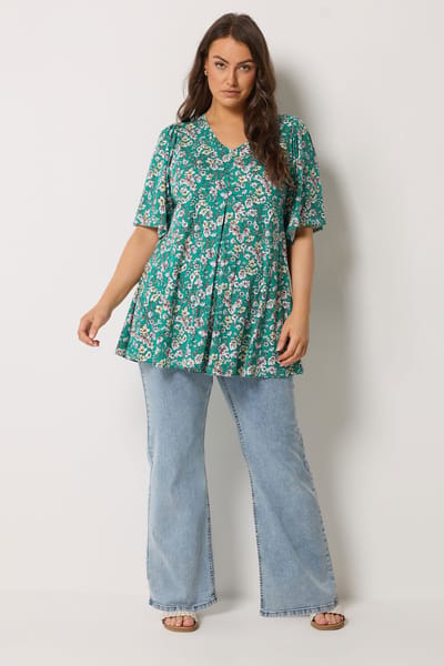 Yours Groene Top Met Bloemenprint En Plooien Aan De Voorkant Size 44
