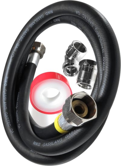 Dparts gasslang aansluitset - 2 meter - voor losstaande gasfornuis - set met PTFE gastape en comfortaansluiting 1/2 naar m24 haaks en recht - 200cm 2m - M24 gas slang fornuis
