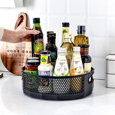 Famanu - Lazy Susan Kastorganisator, 22,5 x 6,5 cm kunststof draaitafel kruidenhouder, zwarte honingraat roterende kruidenrek, multifunctioneel draaiplateau voor keuken aanrecht eettafel opslag