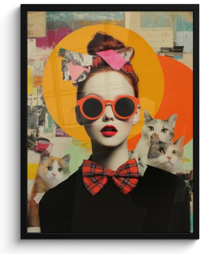 Poster in lijst - Fotolijst 60x80 cm - Posters - Vrouw - Bril - Strik - Retro - Posterlijst zwart - Decoratie - Wanddecoratie woonkamer - Muurdecoratie slaapkamer