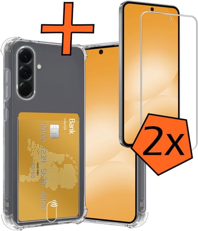 Hoes - Geschikt voor Samsung Galaxy A56 - Met 2x Screenprotector - Pashouder - Kaarthouder - Telefoon Hoesje Shockproof - Siliconen Case - Back Cover - Shock Proof - Pasjes Houder - Transparant