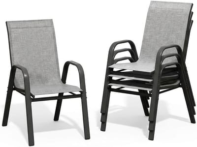 Tuinstoelen Set van 4 - Stapelbaar - Textileen & Metaal - Weerbestendig en Roestvrij - Luxe Buitenstoelen voor Tuin, Balkon & Terras - Grijs