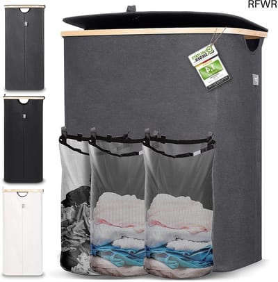 RFWR® Wasmand met 3 Vakken en Deksel - 150 Liter Wasverzamelaar voor Eenvoudig Wassen