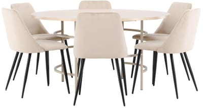 Copenhagen eethoek tafel Ø140cm en 6 stoelen whitewash, beige.