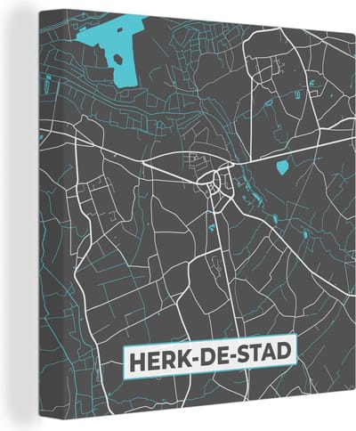 Canvas Schilderij Kaart – Plattegrond – Stadskaart – Herk de Stad – België - Grijs - 20x20 cm - Wanddecoratie
