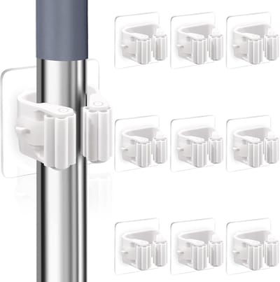 Famanu – Bezemhouder set van 10 – Zelfklevend zonder boren, complete wand organizer voor meerdere stelen – Voor keuken, badkamer, garage en tuin (wit)